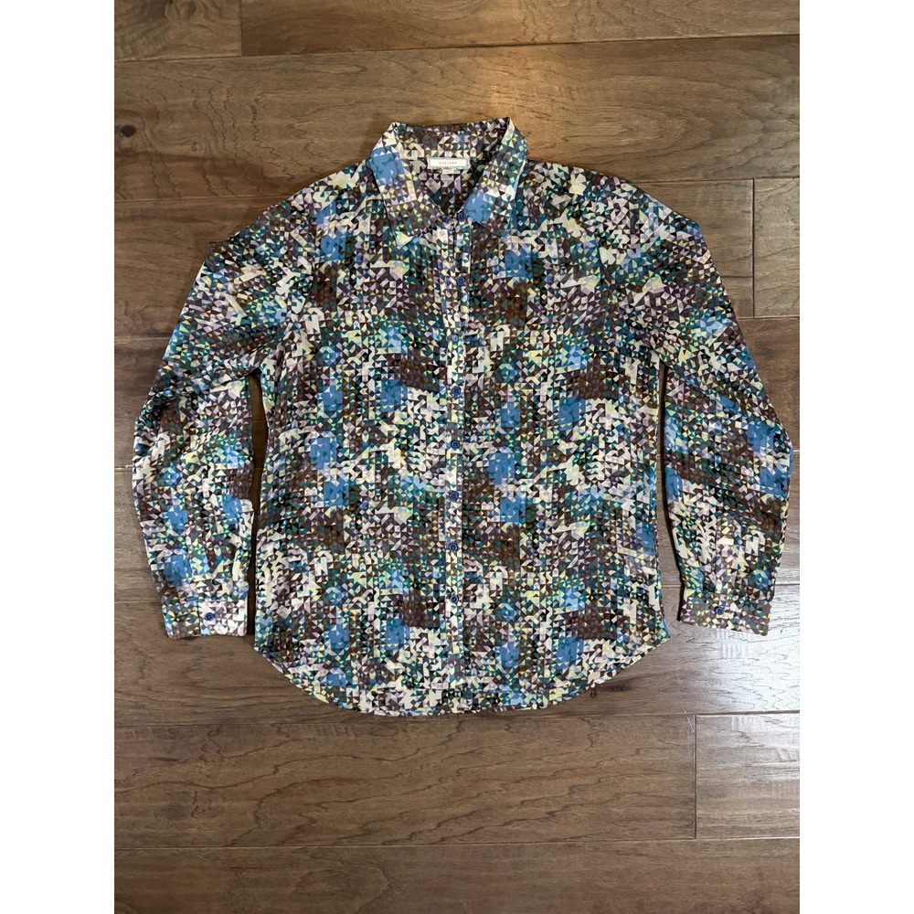 Pleione Womens Blue Brown Geometric Mosaic Button Down‎ Blouse Size S WAC53869